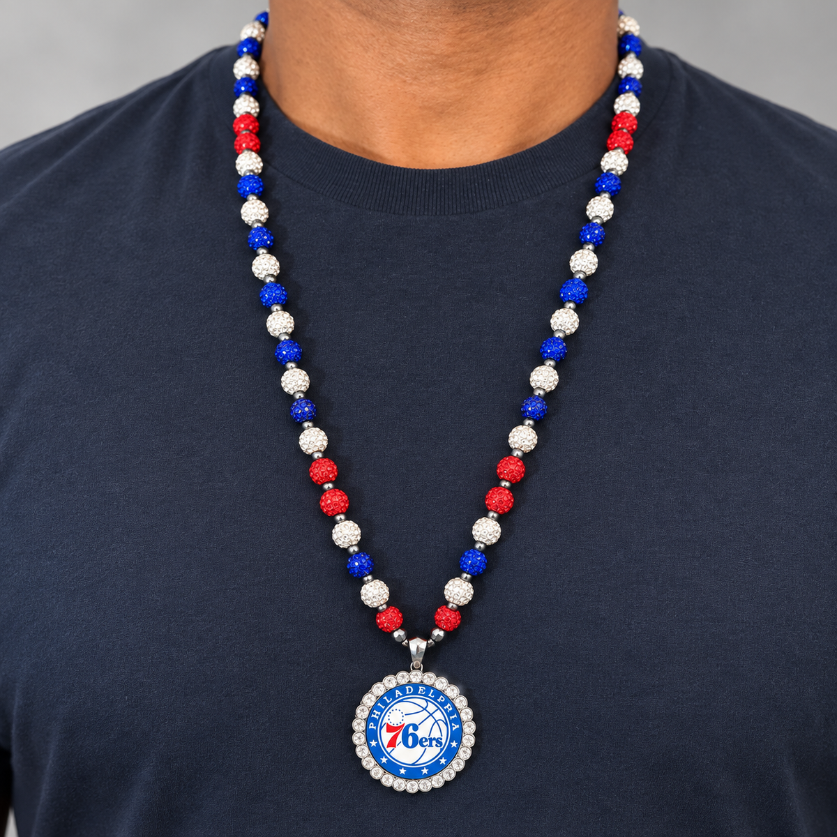 Handcrafted Red, White and Blue Basketball Fan-Inspired Pendant Necklace - 26 inches