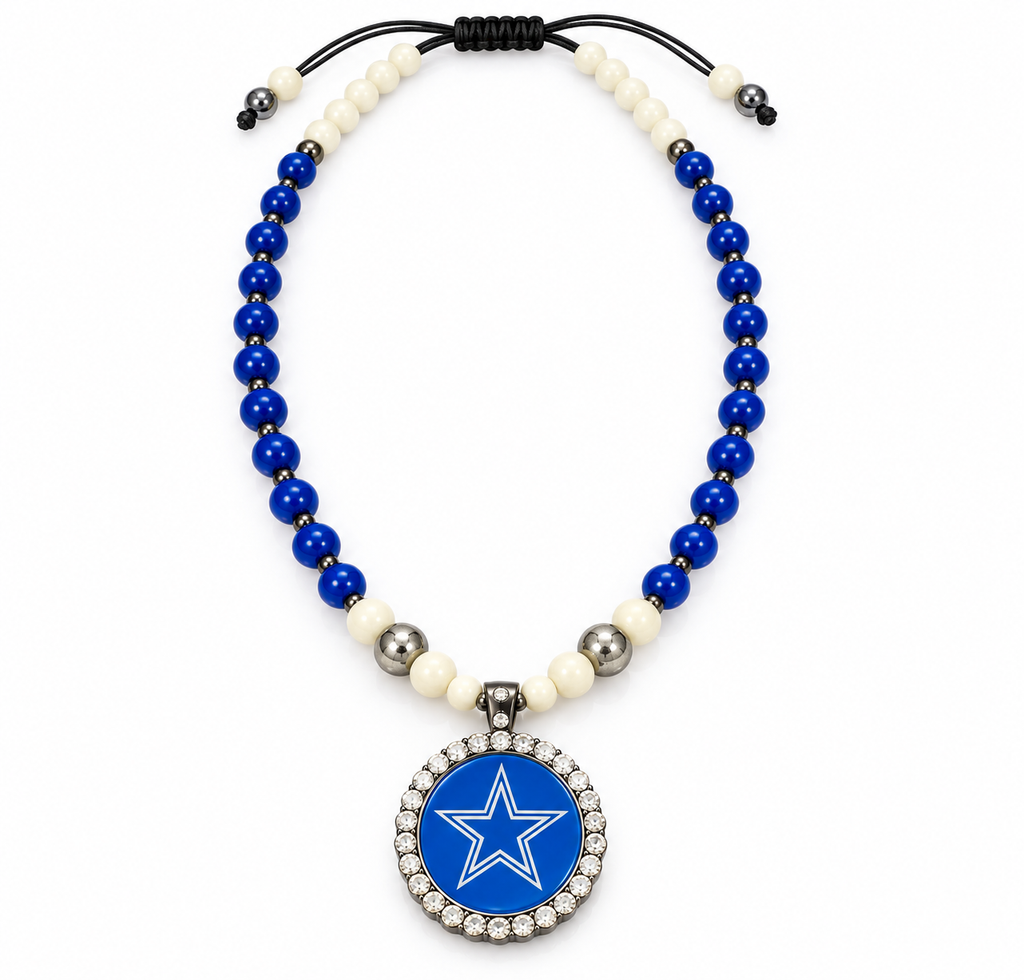Handcrafted Opaque Blueberry Glass Bead Football Fan-Inspired Pendant Necklace – 24inches
