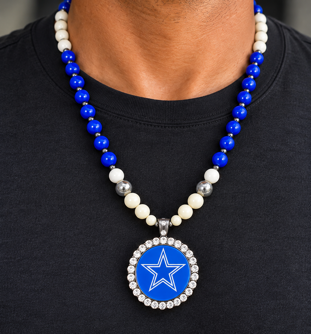 Handcrafted Opaque Blueberry Glass Bead Football Fan-Inspired Pendant Necklace – 24inches