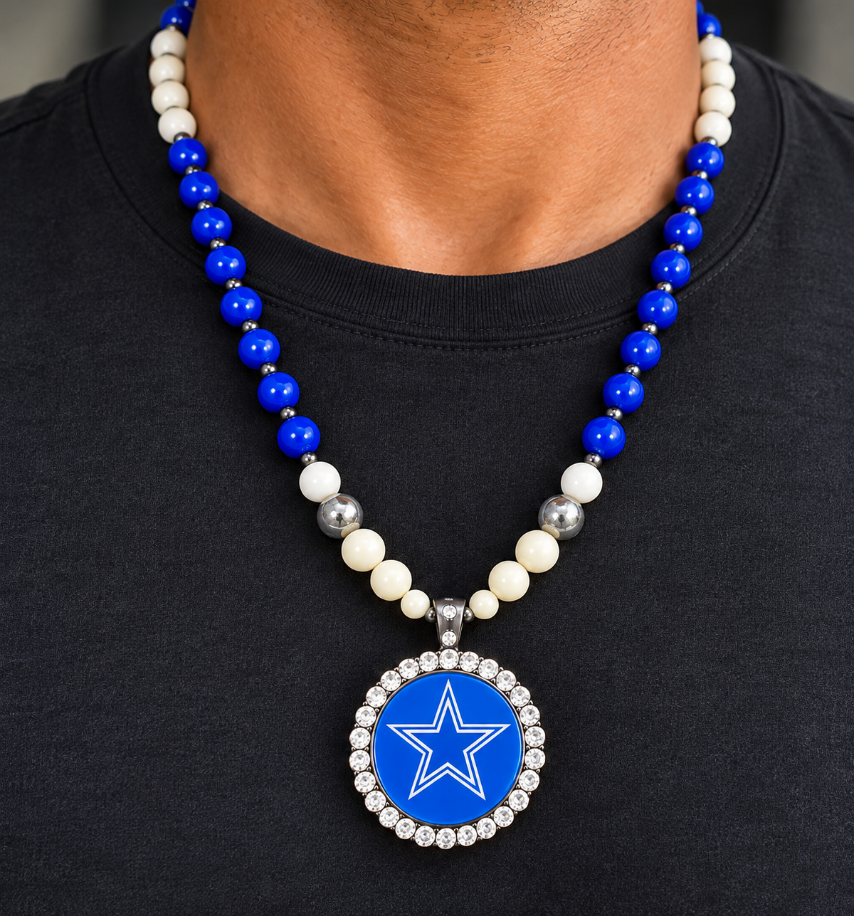 Handcrafted Opaque Blueberry Glass Bead Football Fan-Inspired Pendant Necklace – 24inches