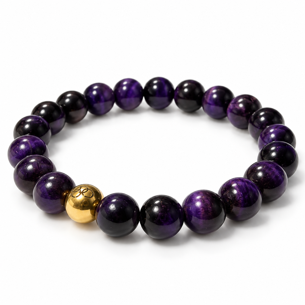 Purple Tiger Eye & Gold-Tone Stretch Bracelet - 8mm