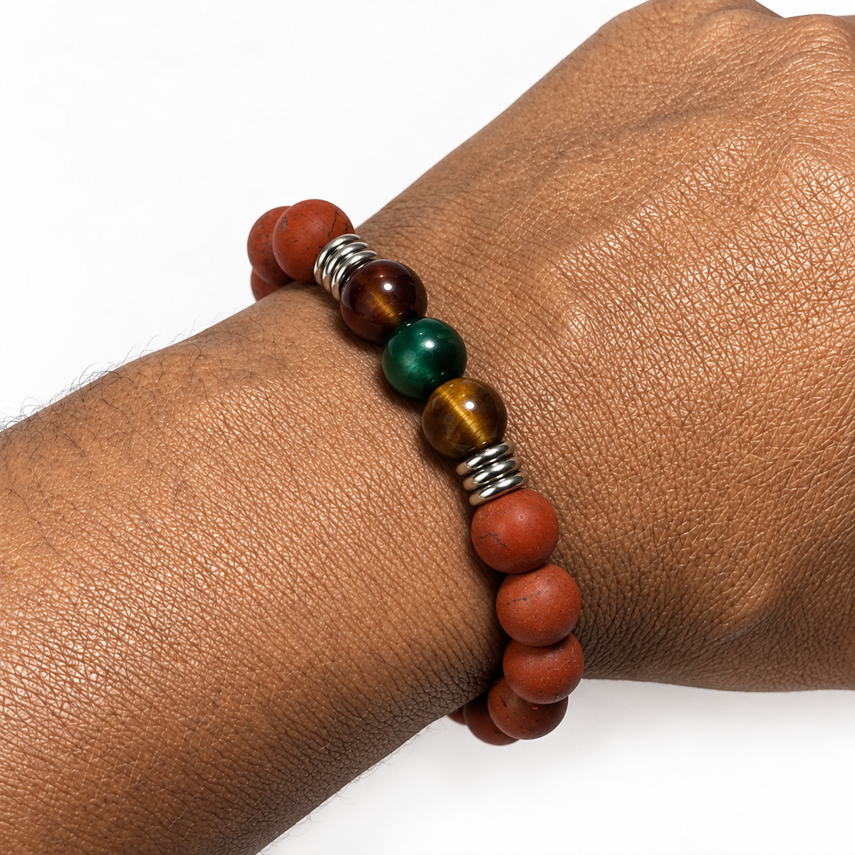 Red Jade & Multicolor Tiger Eye Stretch Bracelet - 10mm