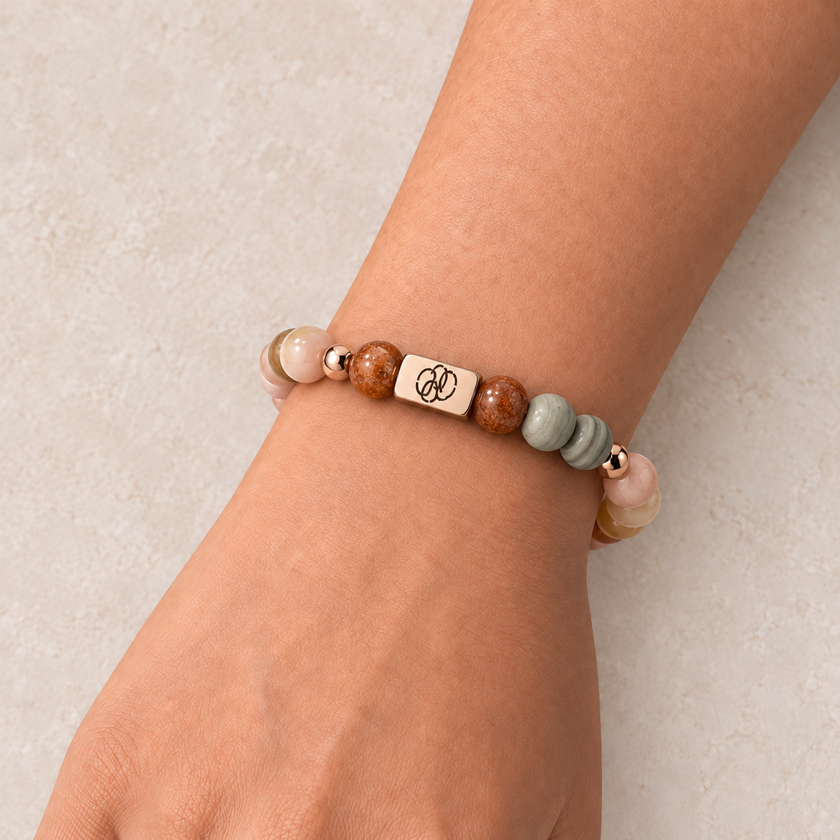 Sunstone & Grey Jasper Rose-Gold Stretch Bracelet - 8mm
