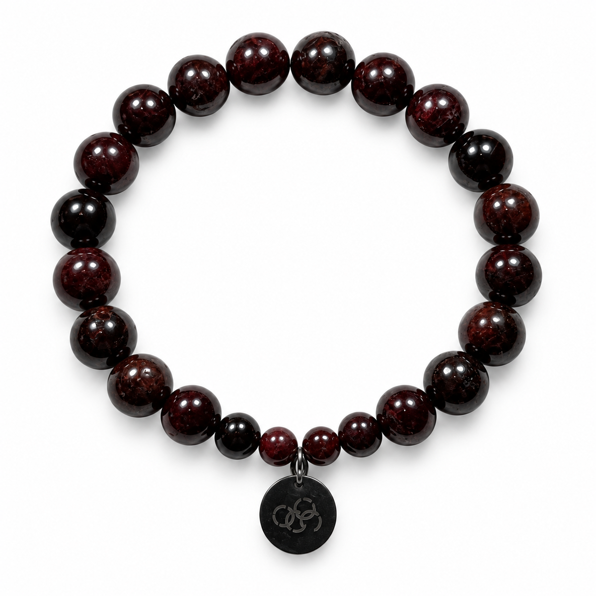 Red Garnet Gemstone Stretch Bracelet with Logo Charm - 10mm