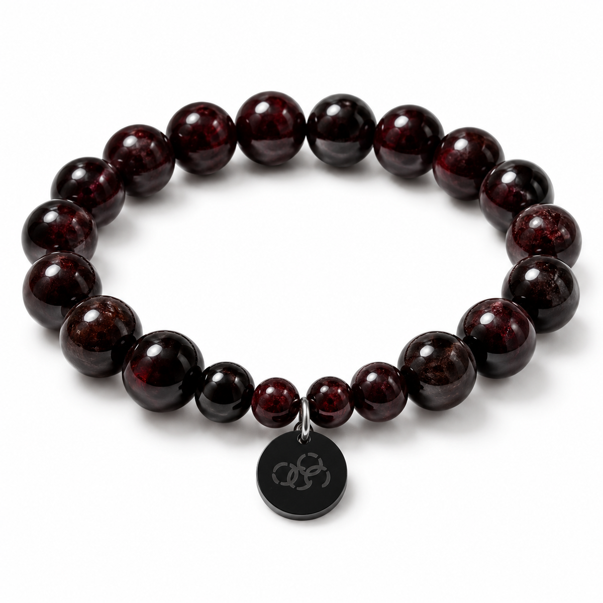 Red Garnet Gemstone Stretch Bracelet with Logo Charm - 10mm
