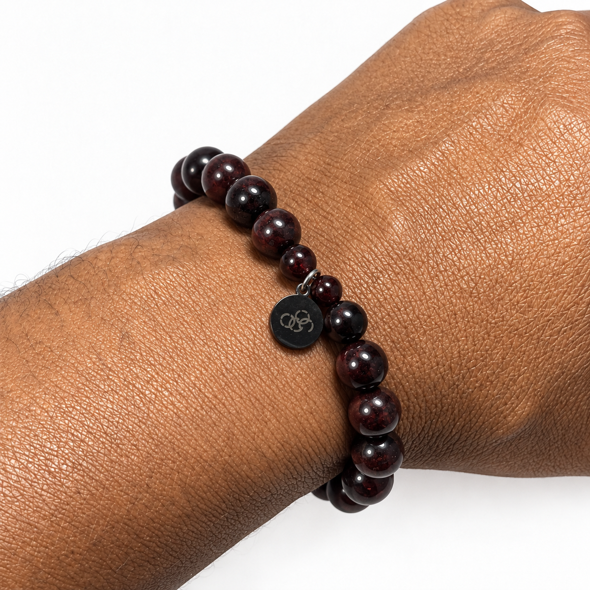 Red Garnet Gemstone Stretch Bracelet with Logo Charm - 10mm