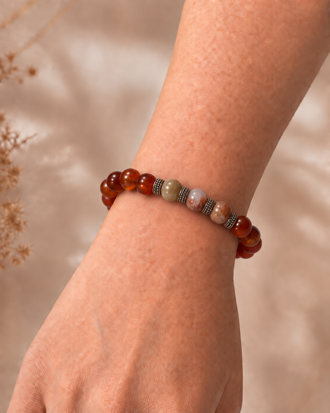 Carnelian & Red Lightning Agate Gemstone Stretch Bracelet - 8mm