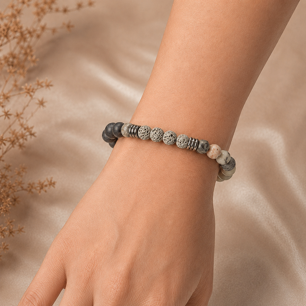 Pink Zebra Jasper, Lolite. Moonstone, Gray Jasper Gemstones & Gray Lava Stone Stretch Bracelet - 8mm