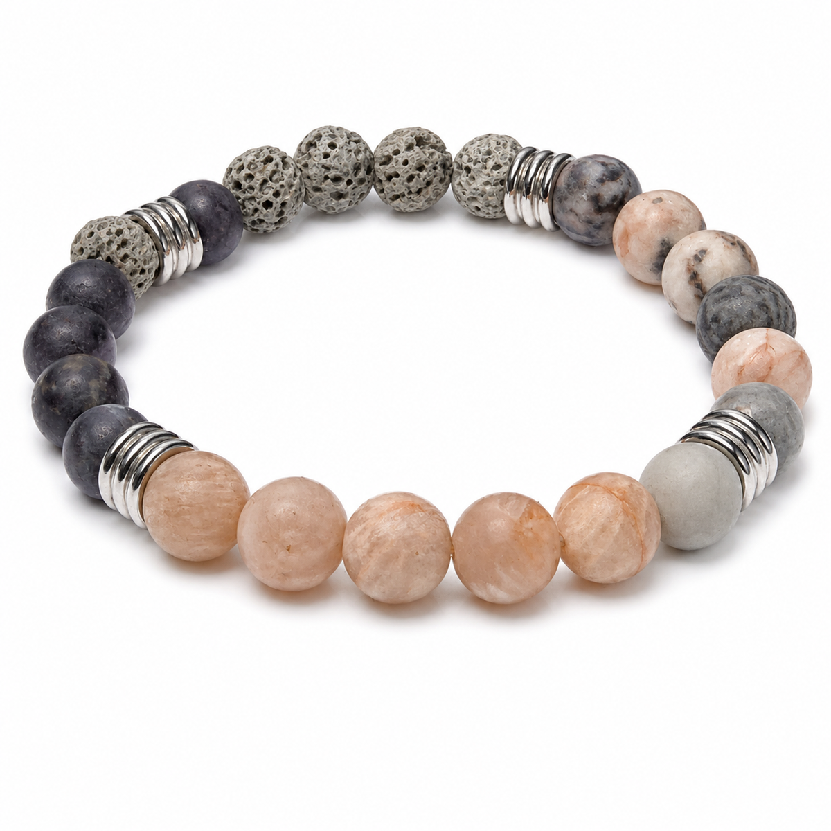 Pink Zebra Jasper, Lolite. Moonstone, Gray Jasper Gemstones & Gray Lava Stone Stretch Bracelet - 8mm