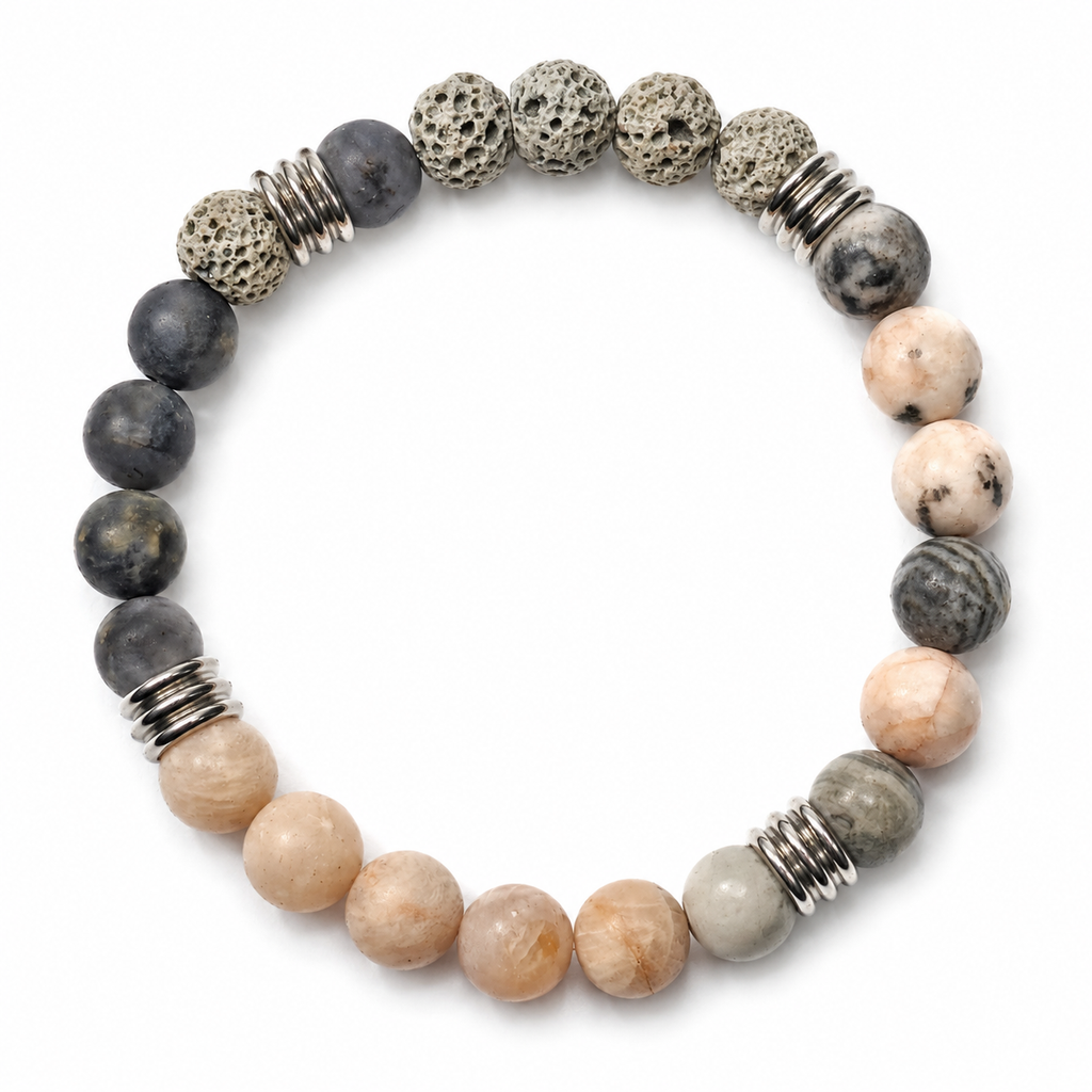 Pink Zebra Jasper, Lolite. Moonstone, Gray Jasper Gemstones & Gray Lava Stone Stretch Bracelet - 8mm