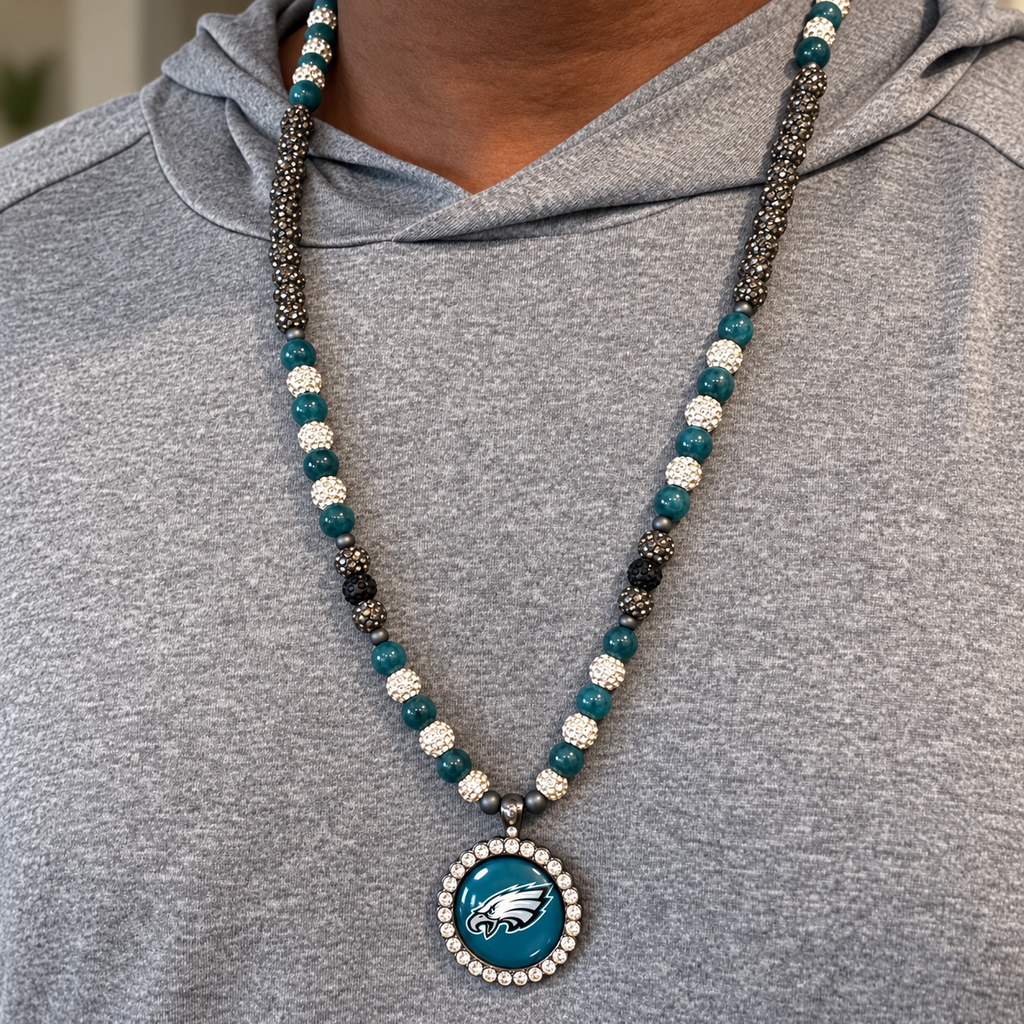 Handcrafted Teal Apatite Football Fan-Inspired Pendant Necklace – 28 Inch