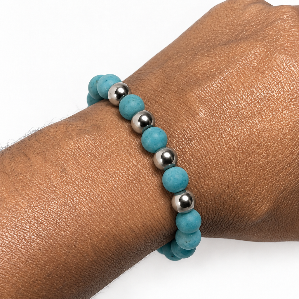 Turquoise Gemstone with Silver Tone Spacers Stretch Bracelet – 8mm