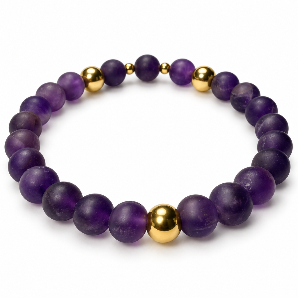 Matte Amethyst Gemstone with Gold Tones Stretch Bracelet  – 8mm