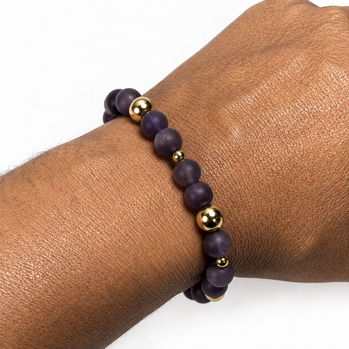 Matte Amethyst Gemstone with Gold Tones Stretch Bracelet  – 8mm