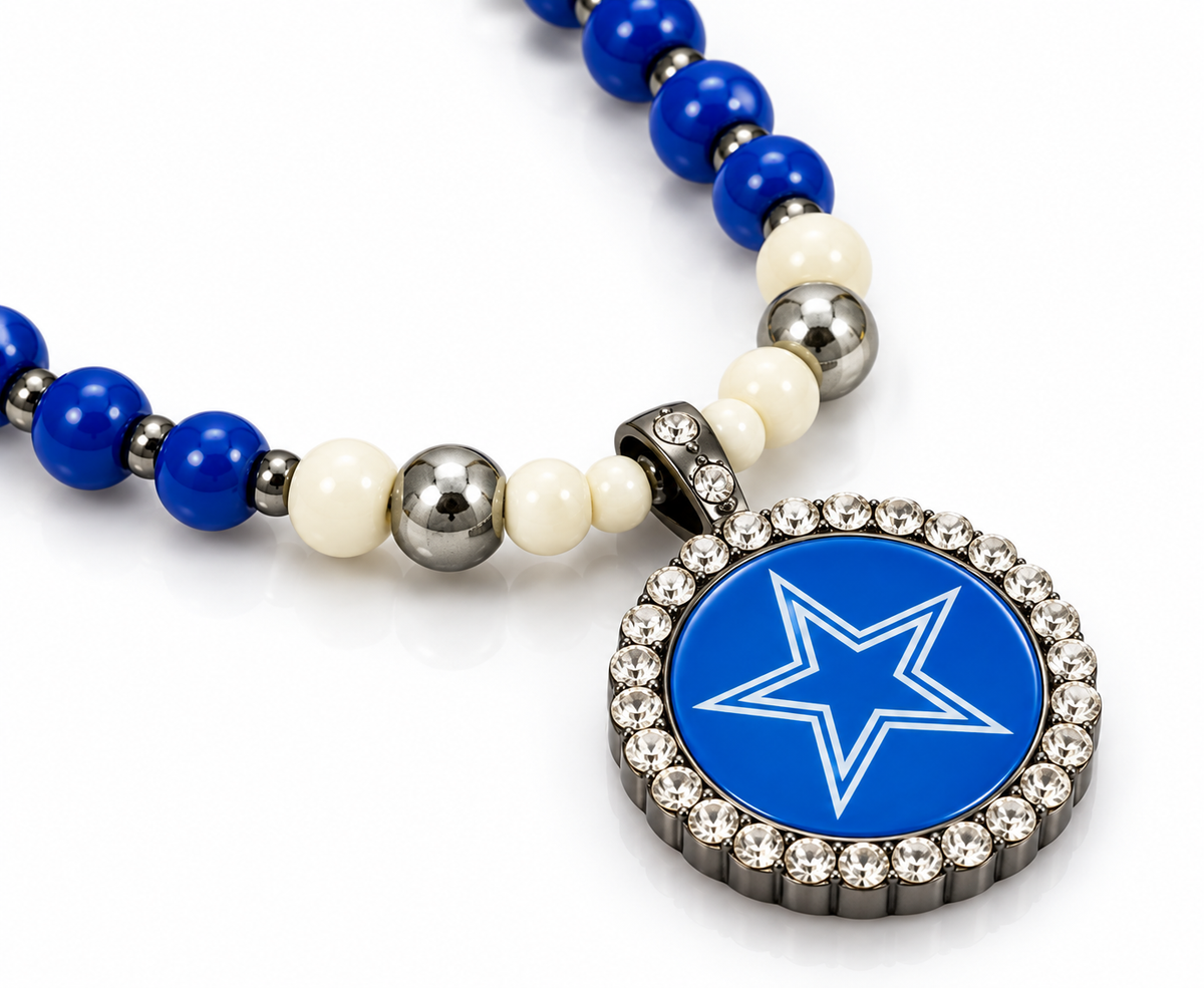 Handcrafted Opaque Blueberry Glass Bead Football Fan-Inspired Pendant Necklace – 24inches