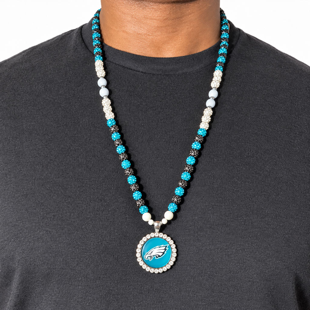 Handcrafted Teal Football Fan-Inspired Pendant Necklace – 27 Inch